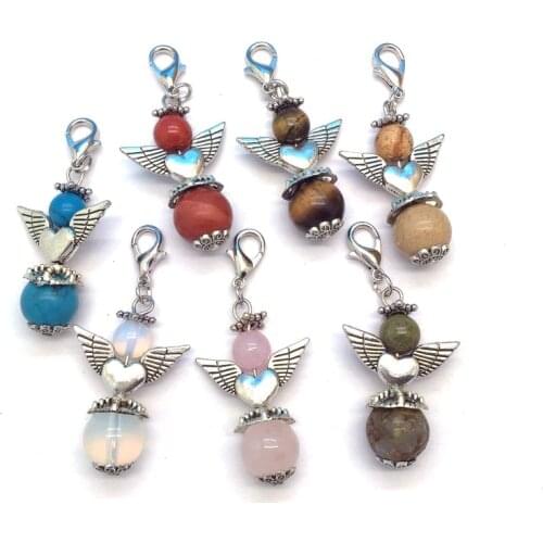 New Pendant Wholesale Colorful Stone Beads Protection Angel Pendant Charm For Bag Keychain Accessory Mixed Colors Metal Hook