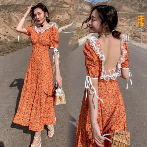 New Summer Short Sleeve Hollow Out Chiffon Printing Women Temperament Slim Waist Party Sexy Backless Dress Vestidos Clothes