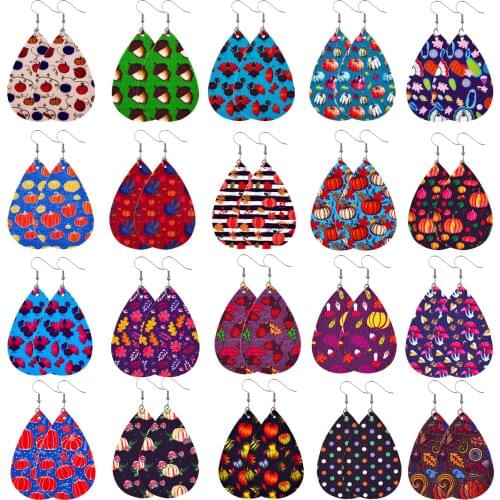 Autumn New Style Pumpkin Maple Leaf Pine Nuts Wave Dot Mushroom Pattern Water Drop Leather Earrings for Women Wholesale