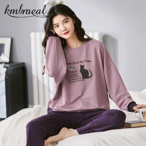 Pajamas for Women Cotton Autumn Cartoon Grid Purple Long-Sleeved Trousers 2 Piece Set Homewear Casual Sleepwear Plus Size M-3xl