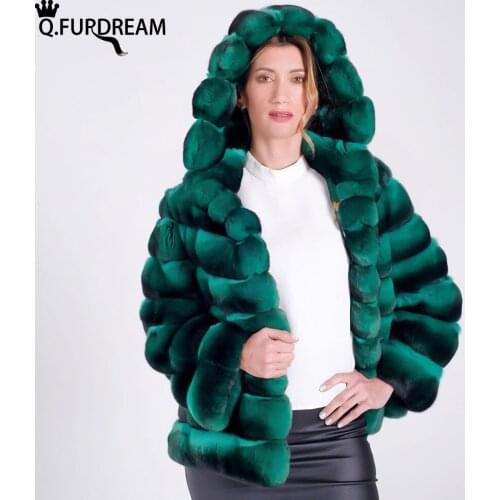 Q.FURDREAM Real Rex Rabbit Fur Coat With Hat Woman Handmade Cross Stripe Autumn Winter Warm Thick Fashion Full Sleeves Jacket