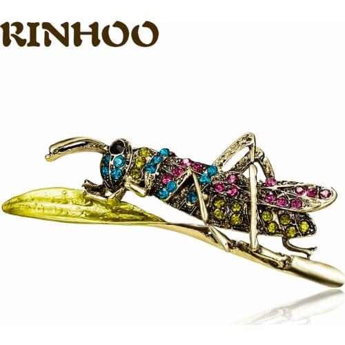 RINHOO Colorful Rhinestone Grasshopper Brooches For Women Locust Insect Brooch Green Enamel Leaf Lapel Shirt Pin Collar Jewelry