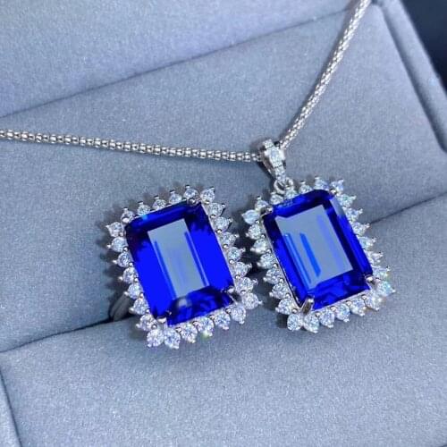 Sapphire Jewelry Set Natural And Real 925 Sterling Silver Fine Jewelry 1pc Sapphire Ring,1pc Sapphire Pendant For Engagement