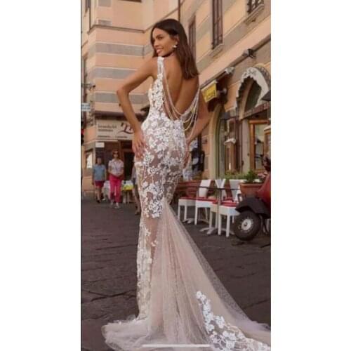 GYFlegant Open Back Beading Mermaid Wedding Dresses Boho Lace Appliques Wedding Gowns Elegant Sleeveless Bride Dress