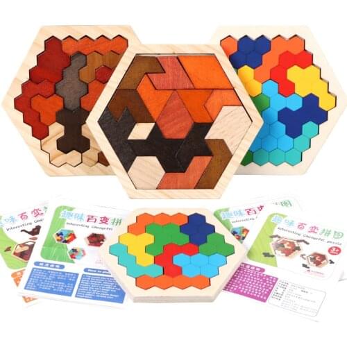 Kids Puzzle Toy Wooden Hexagon Honeycomb Colorful Shapes Jigsaw Puzzles Clever Board Toys for Children Adults IQ Hexagon Puzzle