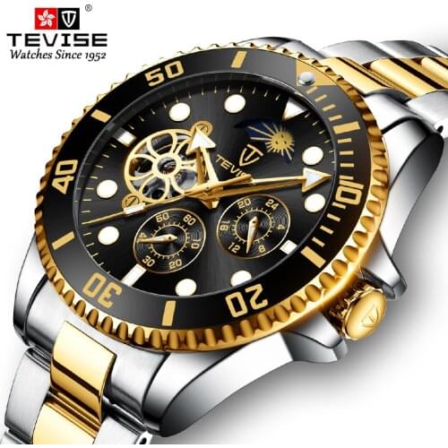 TEVISE Luxury Mens Mechanical Watch Hollow Automatic Wristwatch With Luminous Pointers Stainless Steel Transparent Male Watches