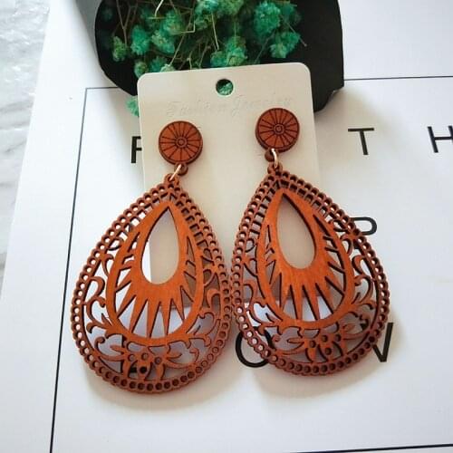 Hollow Engraving Flower Filigree Wooden Teardrop Earrings Organic Round Wood Color Water Drop Sustainable Earrings New