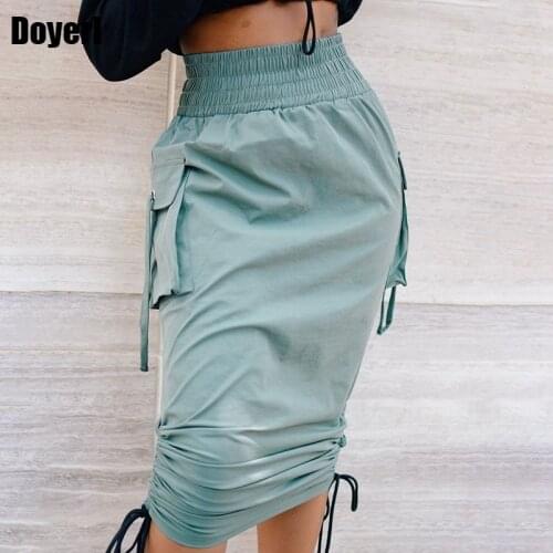 Side Drawstring Midi Skirt for Women High Waist Pockets Green Long Casual Skirt Korean Style Fashion Cute Streetwear Skirt Black