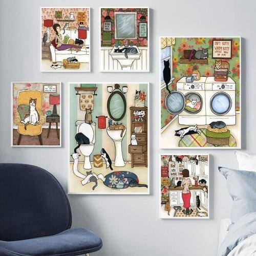 Funny Black Cats Lady Laundry Room Prints Posters Nordic Color Abstract Canvas Painting Wall Art Toilet Pictures Bathroom Decor