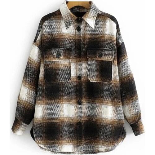 Ladies Vintage Oversized Overshirts Plaid Jacket Women Coat Long Sleeve Loose Woolen Jacket Female Coats Outerwear Chic Tops