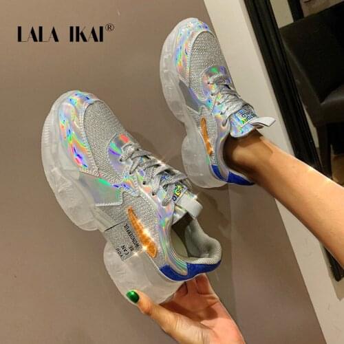 LALA IKAI Women‘s Laser Sneakers Transparent Crystal Platform Casual Lace Up Vulcanize Shoes Fashion Female Shoes HWX0475-4