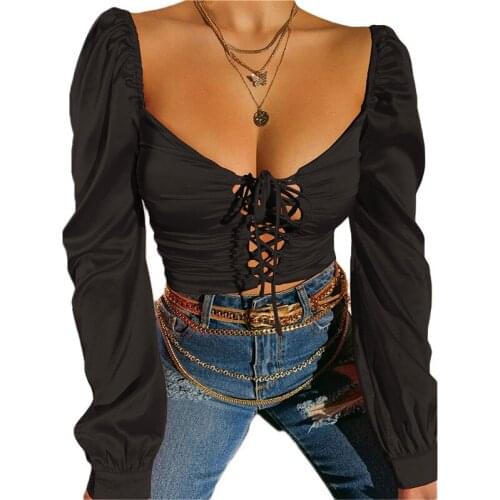 Women shirts sexy and club fashion female long sleeve bandage solid color lady tops and blouse spring autumn basic tops