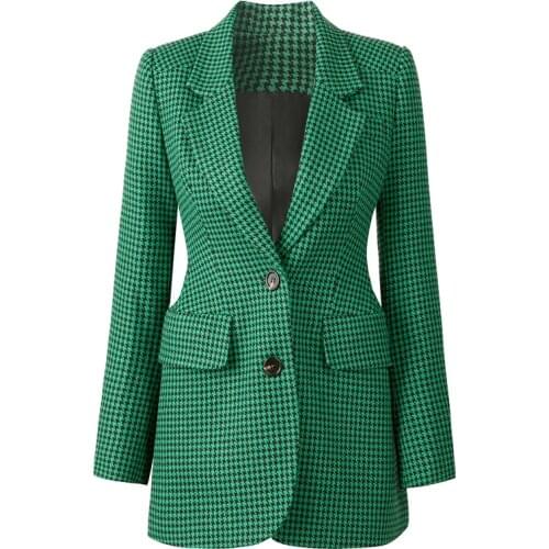2021 European New High-Quality Tweed Fabric Slim-Fit Houndstooth Suit Jacket Dark Green Waist Design Sense Office Ladies Jacket