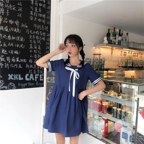 Summer new womens Korean fresh bow Sailor Collar striped loose short-sleeved student dress