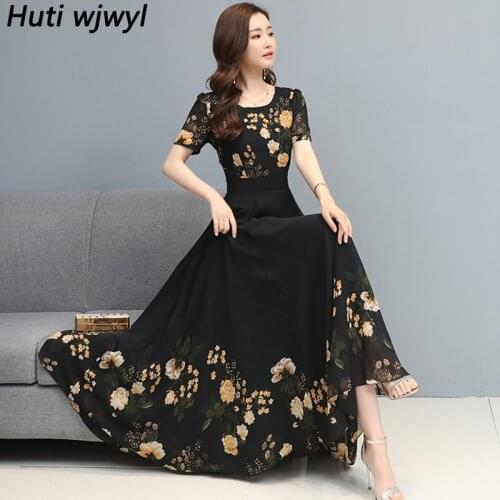 2021 Floral Chiffon Black Midi Dress Summer Vintage Elegant Women Bodycon Party Vestido Oversize Casual Boho Beach Maxi Sundress