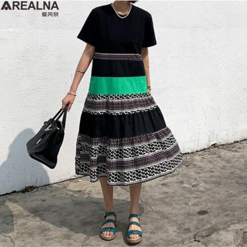 Summer Women Plus Size 5XL Ladies short Sleeve Vintage loose T-Shirt woman Dress knitting Patchwork Print dresses for women 2021