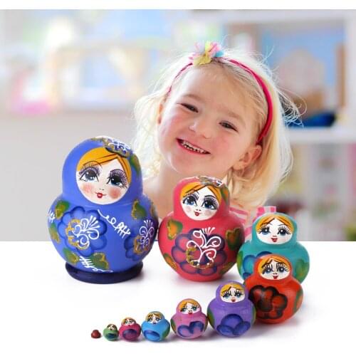 10pcs Wood Russian Nesting Dolls Matryoshka Dolls Hand Paint Blue Girls Pattern Handmade Crafts for Kids Gifts Crafted Doll