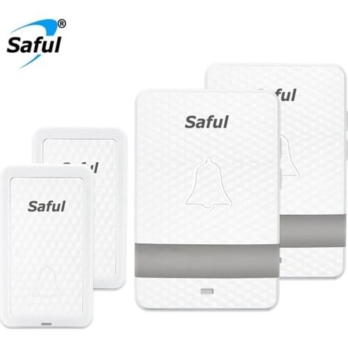 Saful EU/US Wireless Doorbell Self-powered Plug-in Cordless Waterproof 28 Rings Home Door Bell with 2 Push Buttons +2 Receivers