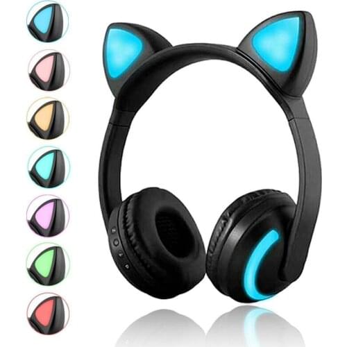 KINGSTAR Bluetooth Headphones HiFi Stereo Cat Ear Flashing Glowing Earbuds Gaming Headset Earphone 7 Colors LED light For Girls