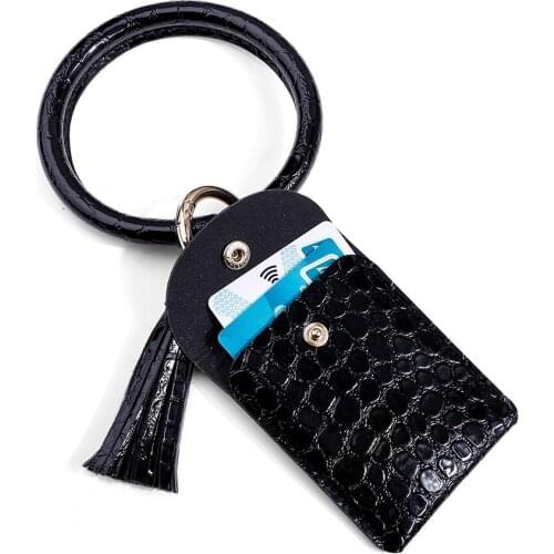 Bracelet Keychain Card Holder Small PU Leather Purse Wristlet with Circle Key Ring Tassel for Women Girls