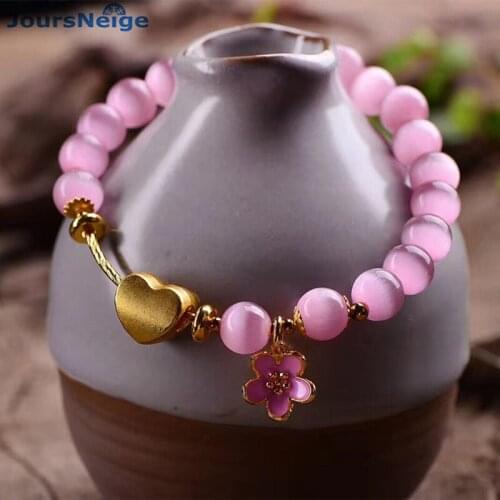 JoursNeige Pink Natural Cat Eye Stone Bracelets Keep color Heart-shaped Flower For Women Girl Bracelet Original Design Jewelry