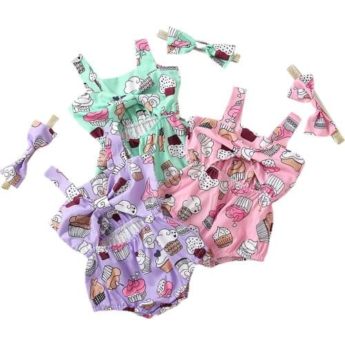 Infant Kids Baby Girls Two-piece Clothes Set, Cartoon Printed Pattern Sleeveless Square Collar Romper and Headdress