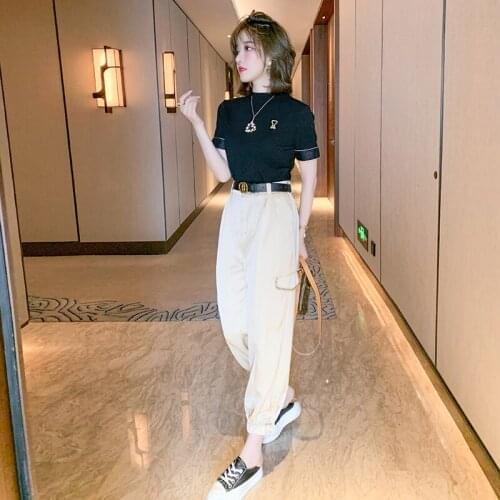 Love-heart contracted round collar T-shirt + elastic beam foot new overalls suits summer