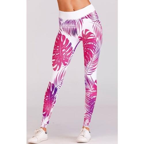 Sexy Leaf Pattern Digital Printed Skinny Long Leggings For Ladies Sports Push Up Pink Polyester Breathable Leggings