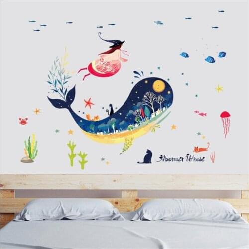 Cartoon fantasy whale wall sticker living room bedroom wall decoration modern art mural kids room decoration