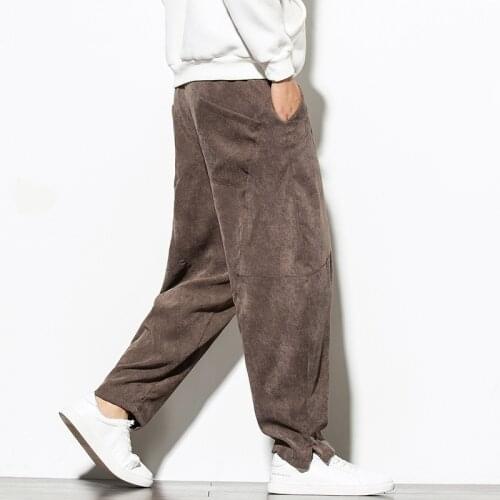 ICPANS Corduroy Wide Leg Pant Mens Harem Pants Elastic Waist Loose Casual Trousers Plus size M-XXXL 4XL 5XL