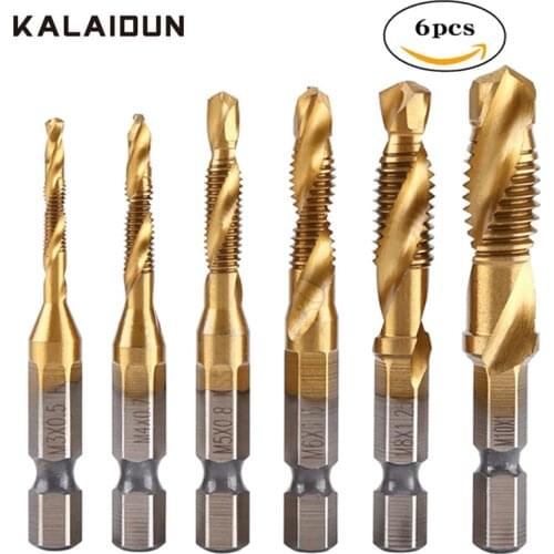 KALAIDUN Tap Drill Bits Set 6Pcs Titanium Plated Hex Shank HSS Thread Metric Drilling Screw For Woodworking Machine Hand Tools