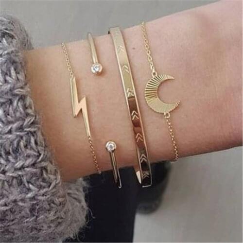 Yobest Bohemian Bracelets Set for Women Gold Color CZ Stone Moon Lightning Geometric Bangle Jewelry
