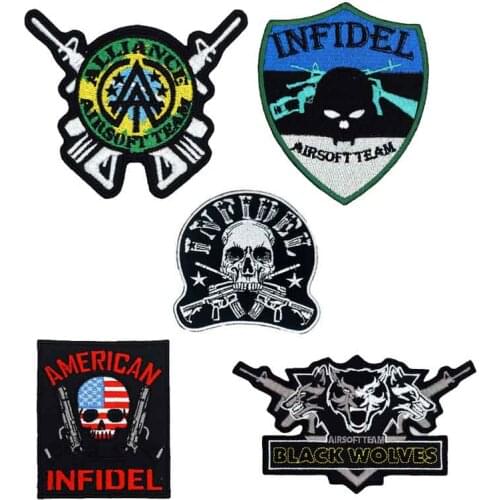 INFIDEL GUN SKULL Embroidered Applique Sewing Label punk biker Patches Clothes Stickers Apparel