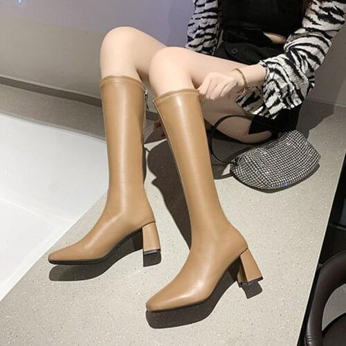 New Fashion Women Straight Boots British Style Solid PU Leather Simplicity Decent Knight Boots Square High Heels Plus Size 43