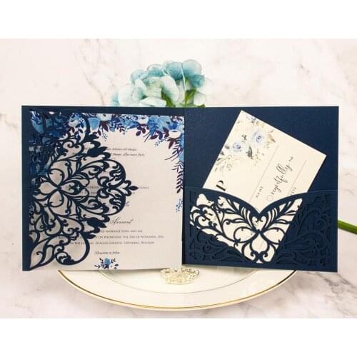 1pcs Wedding Invitation Cards Dark Navy blue 3 fold Tri fold Vintage Light Pink Blush Laser Cut pocket fold invite free shipping