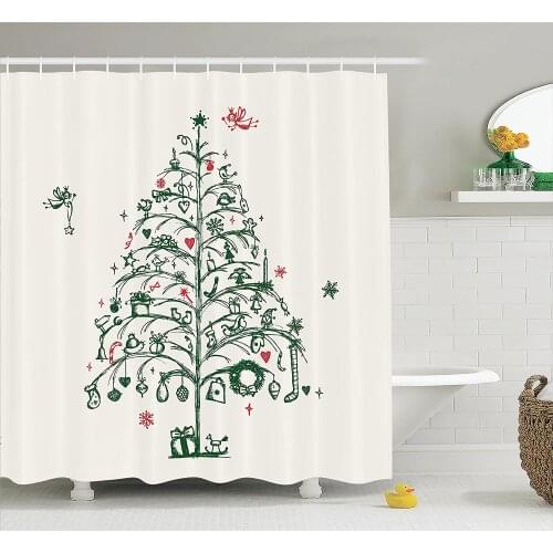 Christmas Shower Curtain Fairies with Wands and Chirstmas Tree Hand Drawn Style with Wreath and Stockings Bathroom Curtains