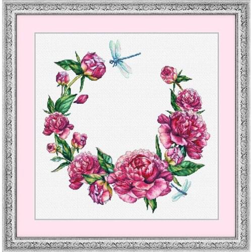 Fishxx Home Hand Embroidery B1549 Dragonfly And Peony Wreath Cross Stitch Kit Decorative Painting