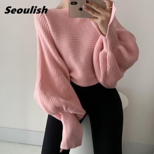 Seoulish 2021 New Autumn Winter Women Twist Pullover Puff Sleeve Casual Loose Slash Neck Elegant Short Sweater Female Pink Tops