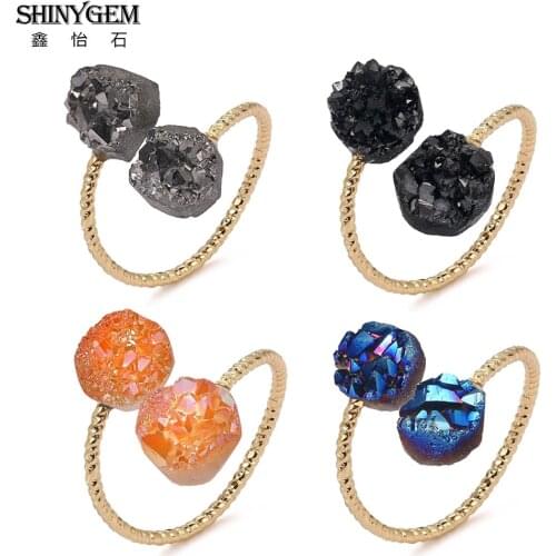 ShinyGem 5PCS Vintage Natural Irregular Double Crystal Druzy Stone Ring Gold Plating Adjustable Mineral Geode Gem Ring For Women