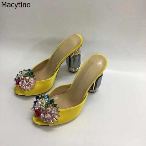 Rhinestone Slippers Women New Crystal Flower Chunky High Heels Summer Shinny Beaded Slides Party Shoes Woman Outside Slipper