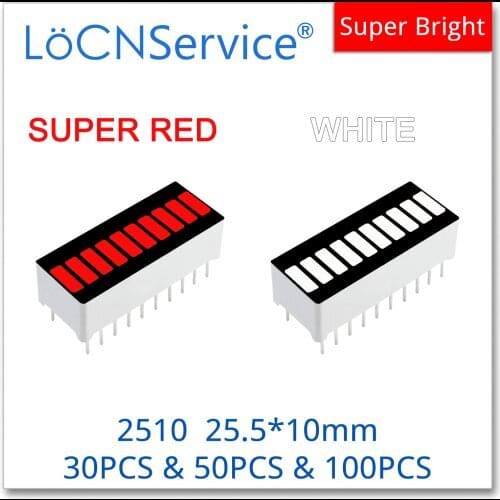 LoCNService LED Bar graph Light 10-segment 2510 RED WHITE 30pcs-100pcs Bargraph single color digital display board Ultra Bright