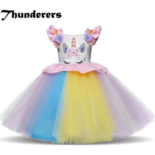 Thunderers Fashion Girl Wedding Dresses Short Sleeve Magical Unicorn Pattern Colorful Kids Party Dresses Toddler Outfits 18M-7Y
