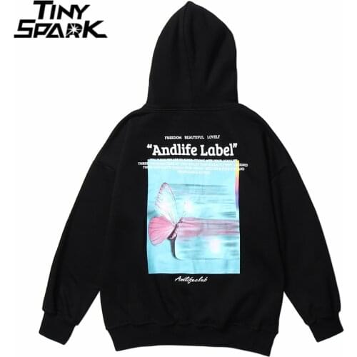 Mens Hip Hop 2020 Streetwear Hoodie Butterfly Printed Sweatshirt Harajuku Autumn Pocket Cotton Fleece Hooded Pullover Hipster
