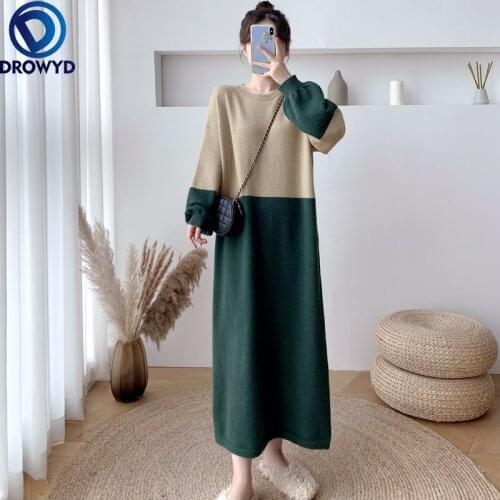 2021 Winter New Thick Korean Version Long Over-the-knee Straight Loose Color-block Sweater Dress Knitted Stretch Pullover Dress