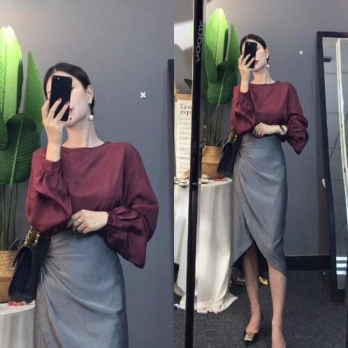 2021 Women Spring Autumn Elegant 2 Pcs Set Lady O-neck Long Sleeve Top + Irregular A-line Skirt Suit Female Casual Slim Set D368