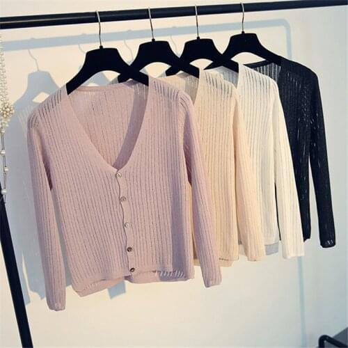 Summer Autumn Women Hollow Out Short Cardigan Thin Silk Knitted Cardigans Female V-Neck Long Sleeve Sweater Coat Jacket AB1554
