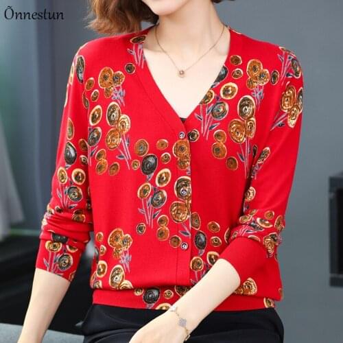 Soft Print Female Cardigan Autumn Spring Knitted Sweaters Women Korean Fashion Long Sleeve Tops V Neck Lovely Cardigans Women