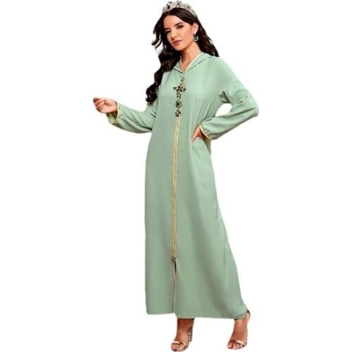 Hooded Kaftan Dress for Women Fashion Ethnic Hand Stitch Diamond Ribbon Trim Moroccan Dubai Turkey Arabic Clothes Eid