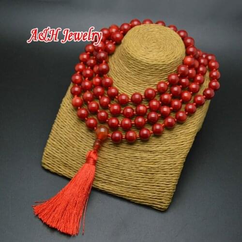 2Pcs Natural Red Coral 8mm Round Beads Handmade Knitted Jewelry Fashion Women Tassel Pendant Necklace Can Be Wore As Bracelet