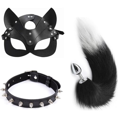 3pcs Cosplay toys for adults Erotic Mask Sexy collar Sex 40cm Fox gray and white stitching Tail Metal BDSM Adult Sex Toys